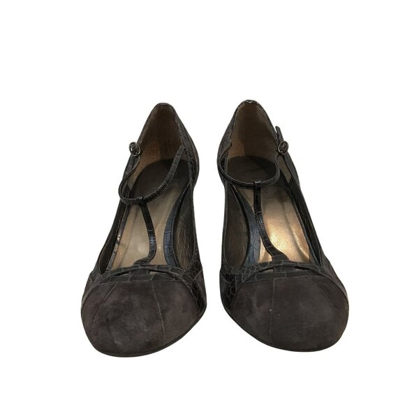Ann Taylor Loft Brown Suede & Faux Croc Leather T-Strap Heels Size 6.5 Flapper - Picture 4 of 7